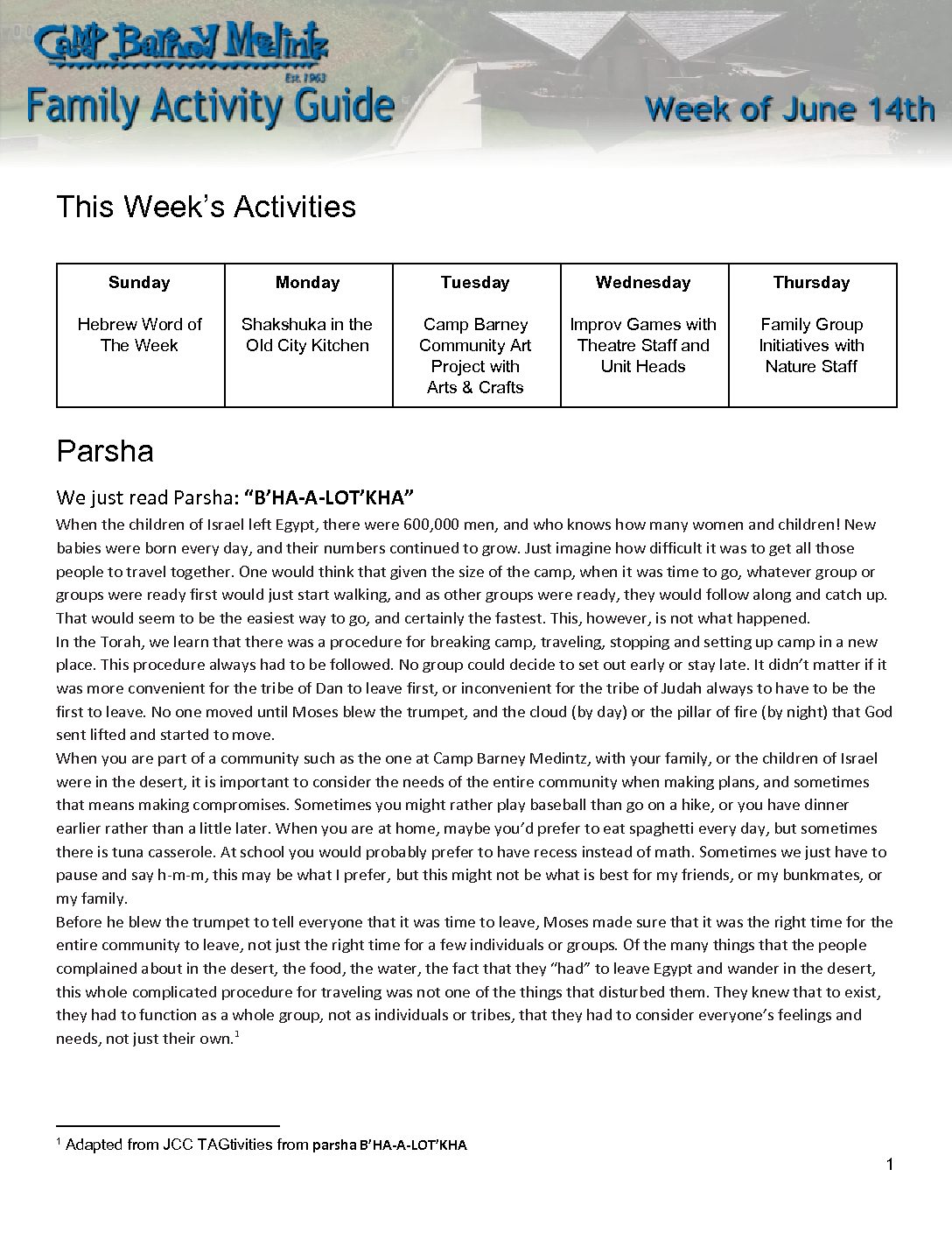 CBM Weekly Jewish Activity Guide June 14 - June 18 | Camp Barney Medintz