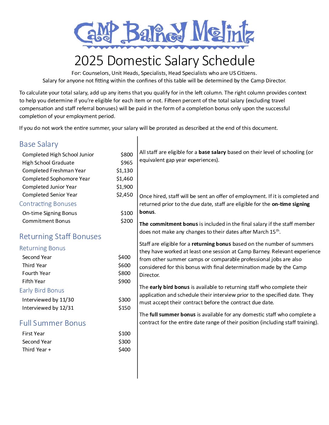 Salary Schedule Camp Barney Medintz